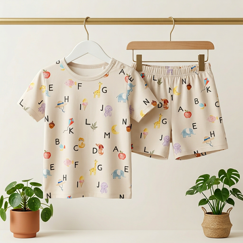 Bamboo short sleeve set in alphabet print