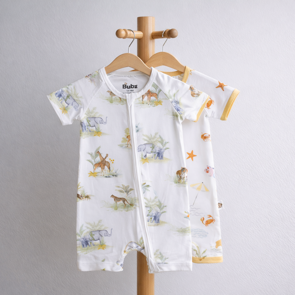 Baby romper with animal print hanging on a wooden rack against a gray background