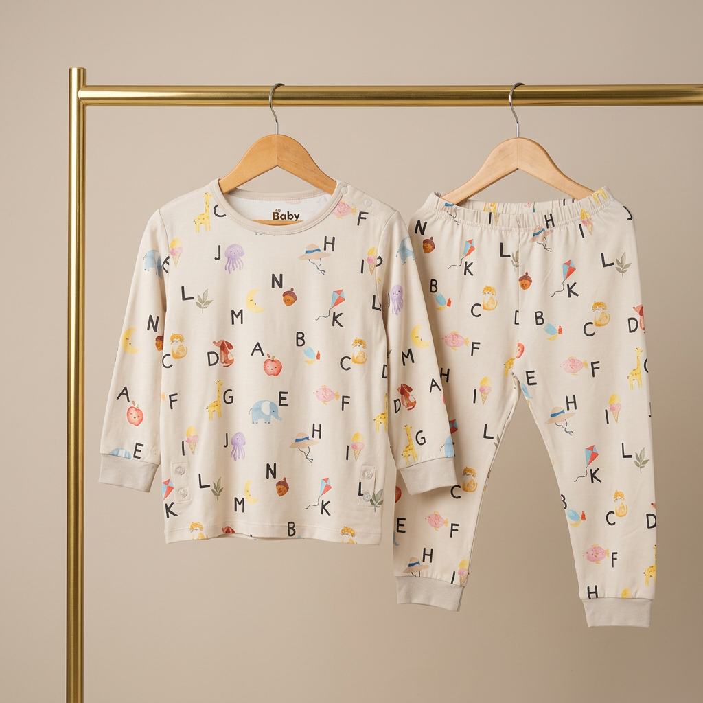Children's bamboo pajama set with alphabet pattern on a beige background