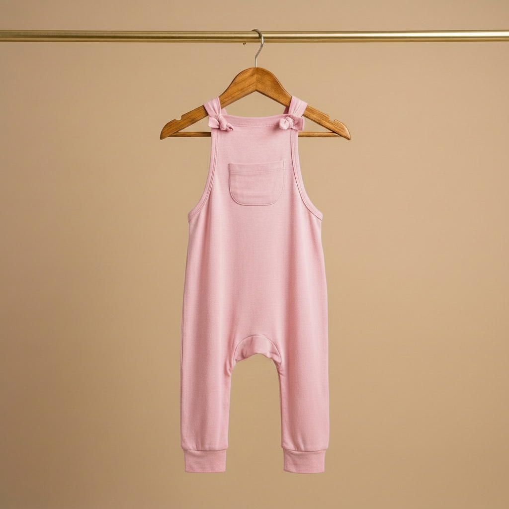 Pink children's bamboo overalls hanging on a wooden hanger against a beige background