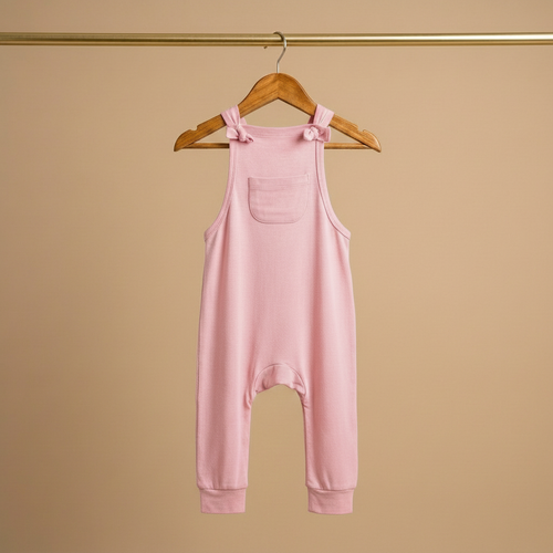 Pink children's bamboo overalls hanging on a wooden hanger against a beige background