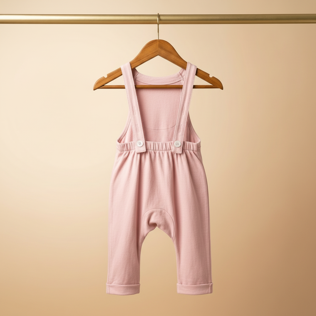 Pink baby bamboo overalls hanging on a wooden hanger against a beige background