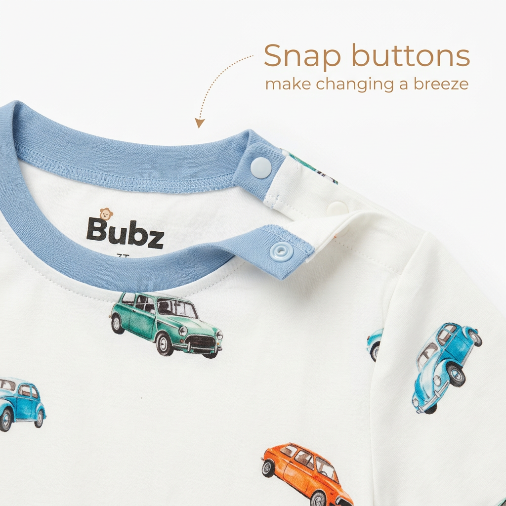 Bamboo Baby t-shirt with car patterns and Bubz branding, featuring snap buttons.