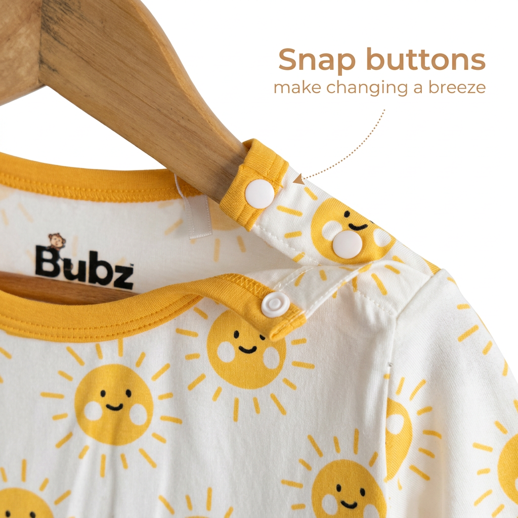 Baby bamboo outfit with sun pattern and Bubz branding on a hanger