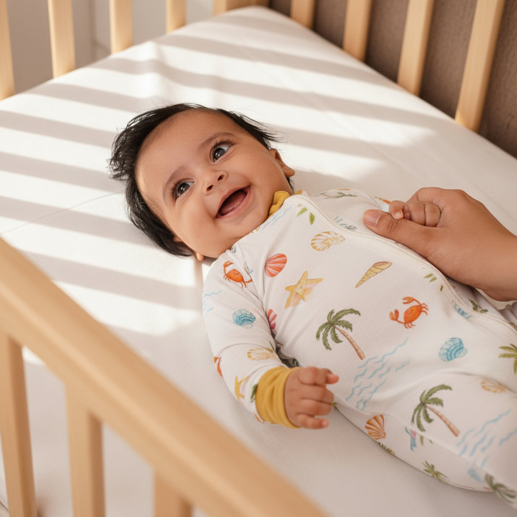 Baby lying in a crib wearing a swaddle with beach-themed print, held by an adult hand.