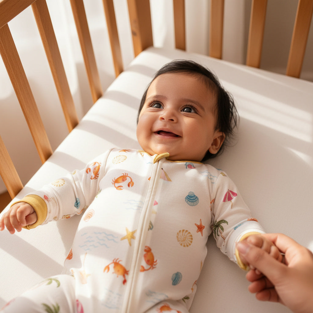 Baby lying in a crib wearing a colorful onesie, smiling.