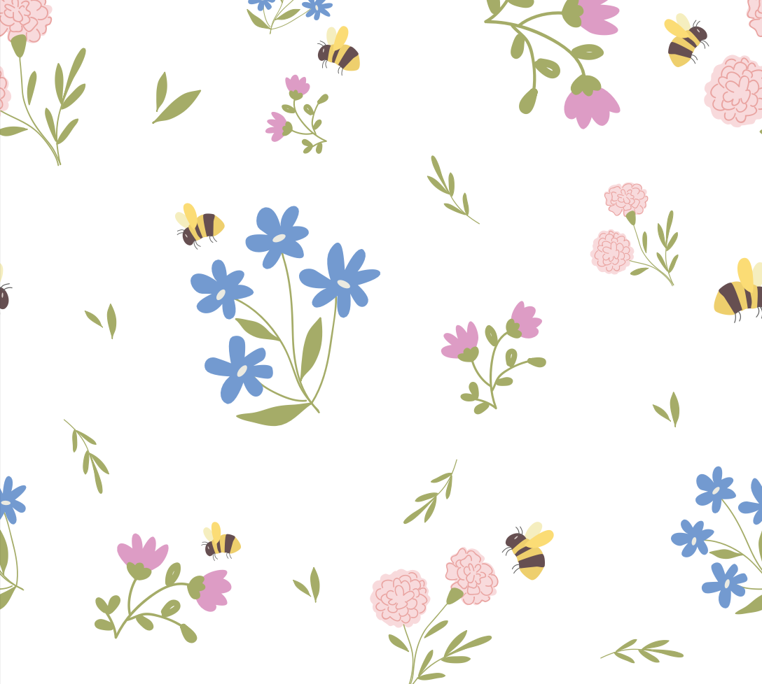 Pattern of flowers and bees on a white background