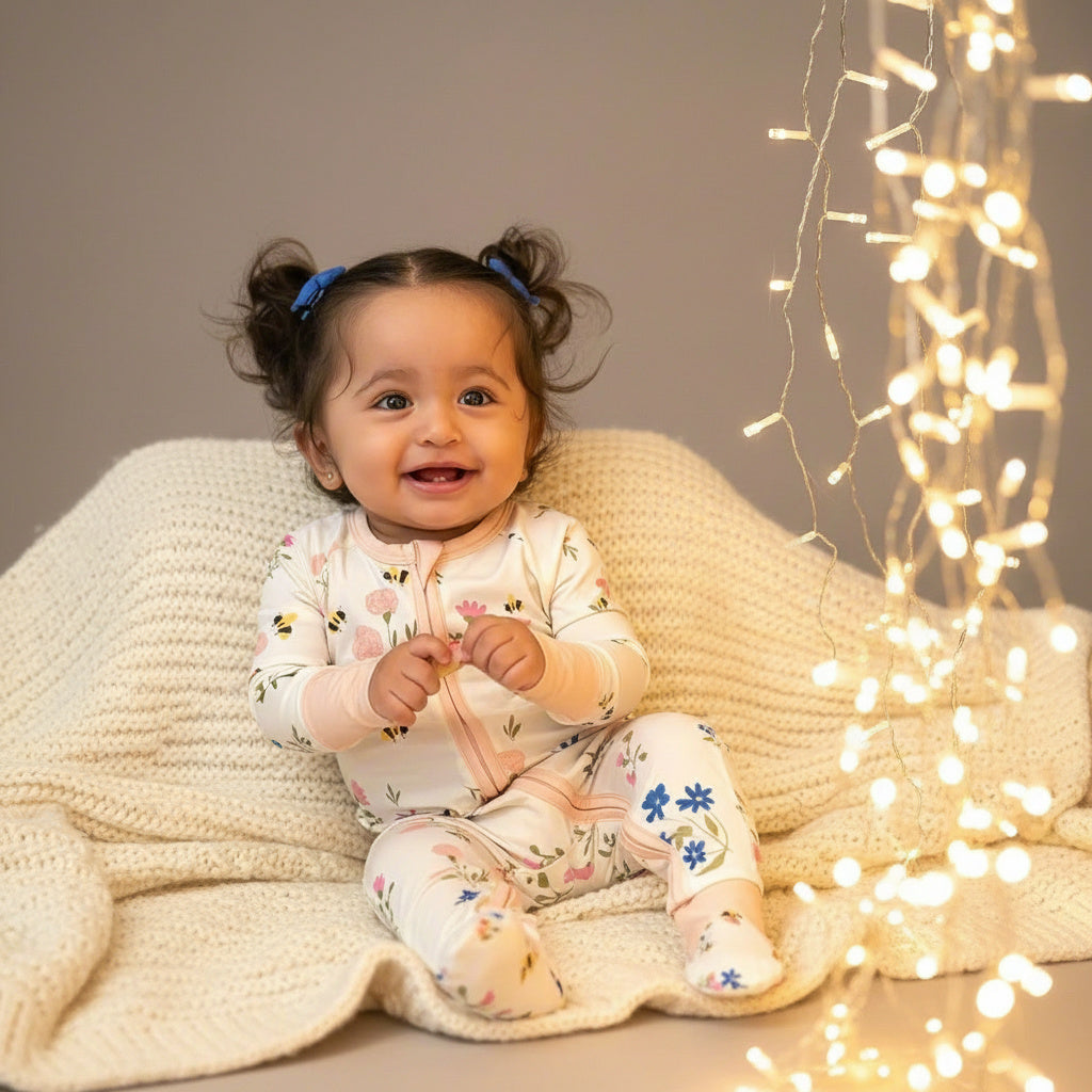 Child sitting on a blanket with fairy lights in the background