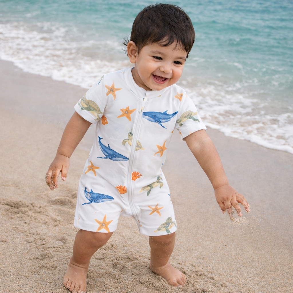 Child wearing a white romper with blue dolphins and orange starfish on a beach.