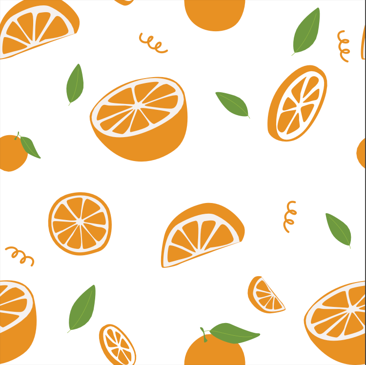 Pattern of oranges, orange slices, and leaves on a white background