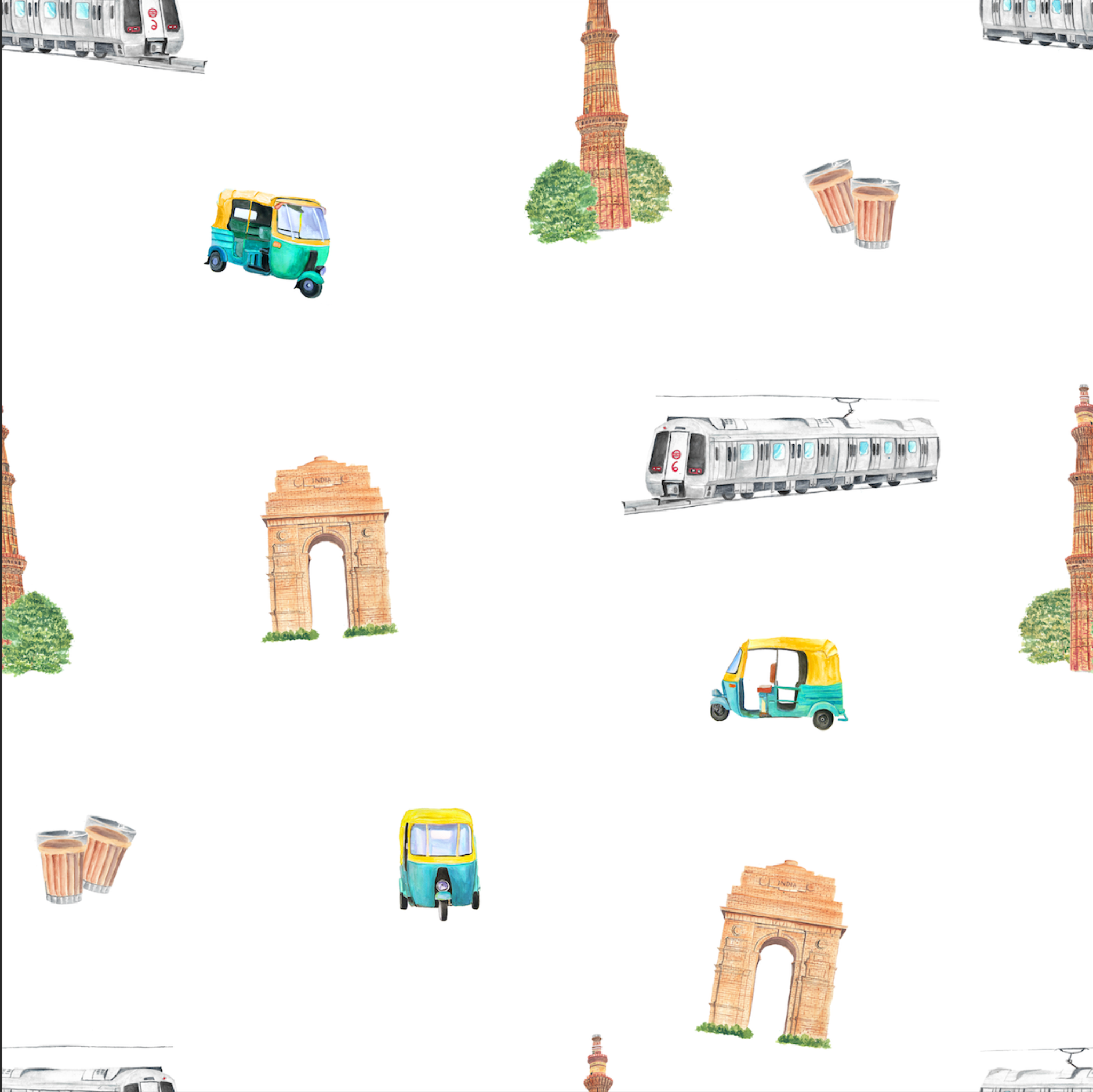 Pattern of Indian landmarks and vehicles on a white background