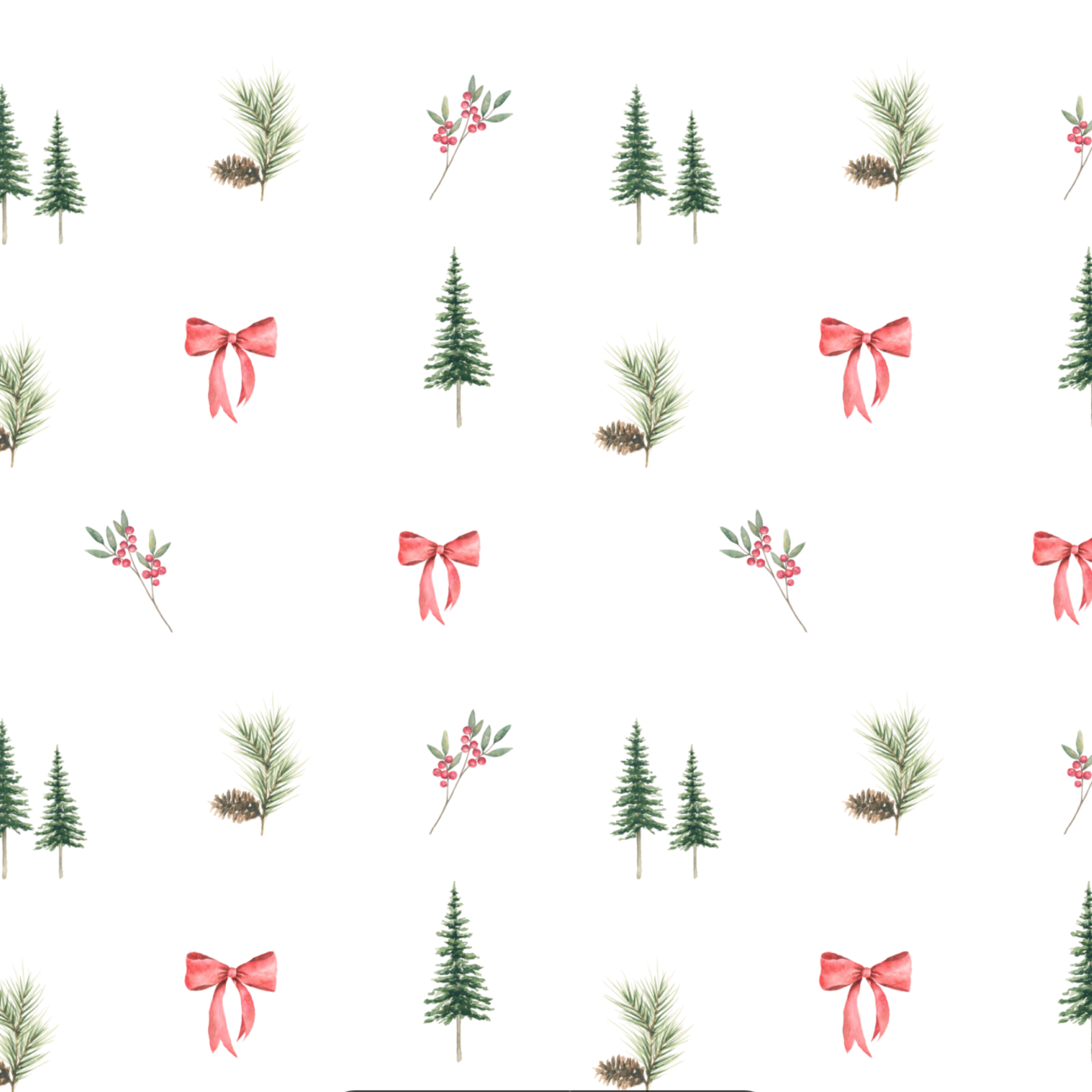 Pattern of Christmas trees, red bows, and evergreen branches on a white background