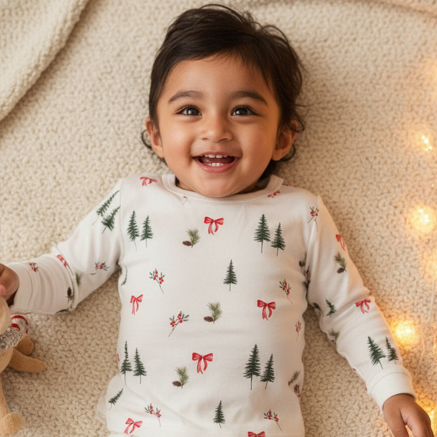 Child wearing a white long-sleeve shirt with Christmas tree and bow pattern, lying on a soft surface with lights in the background.
