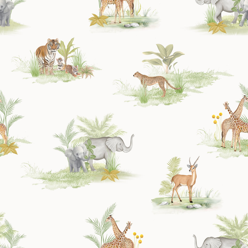 Pattern of various safari animals and plants on a white background