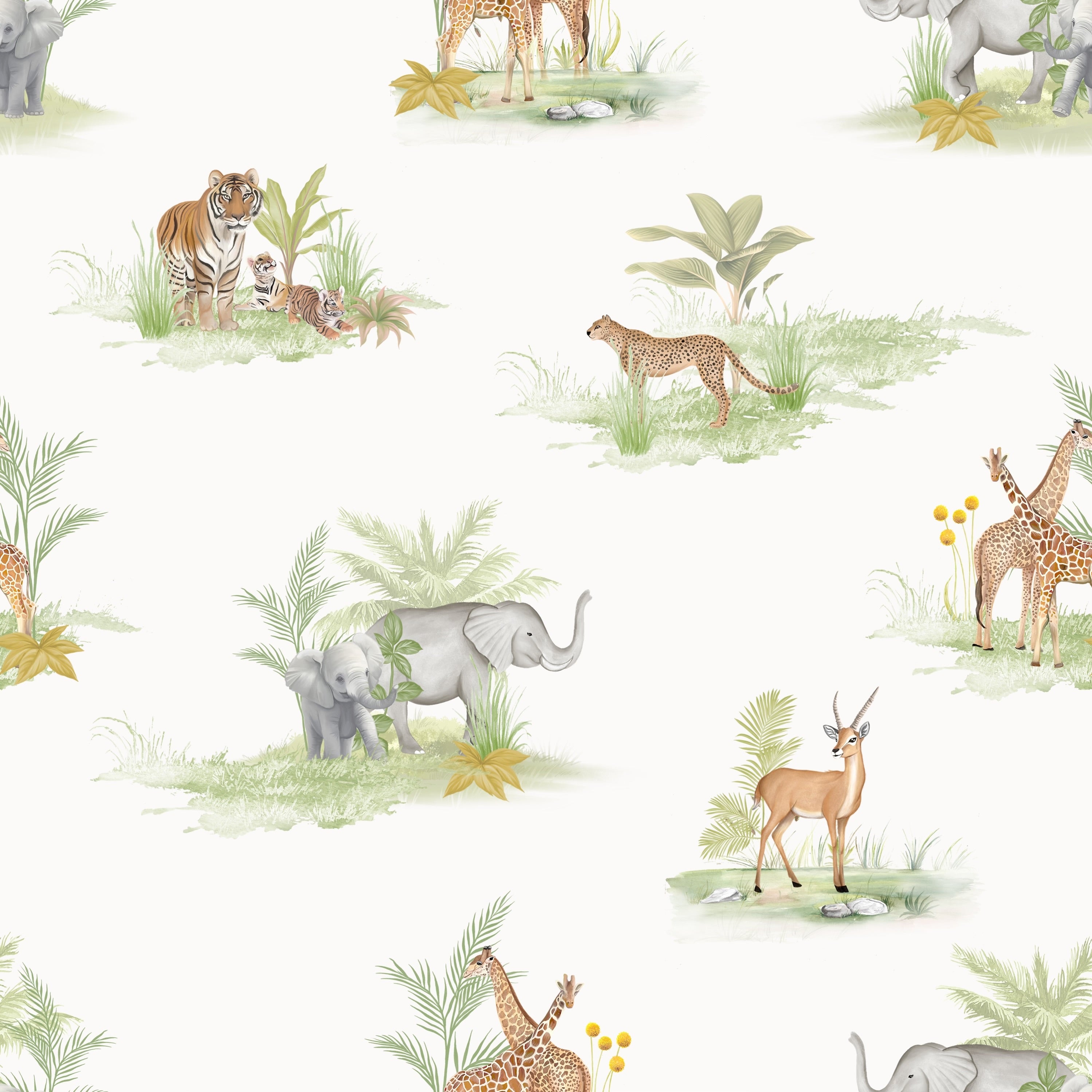 Pattern of various safari animals and plants on a white background