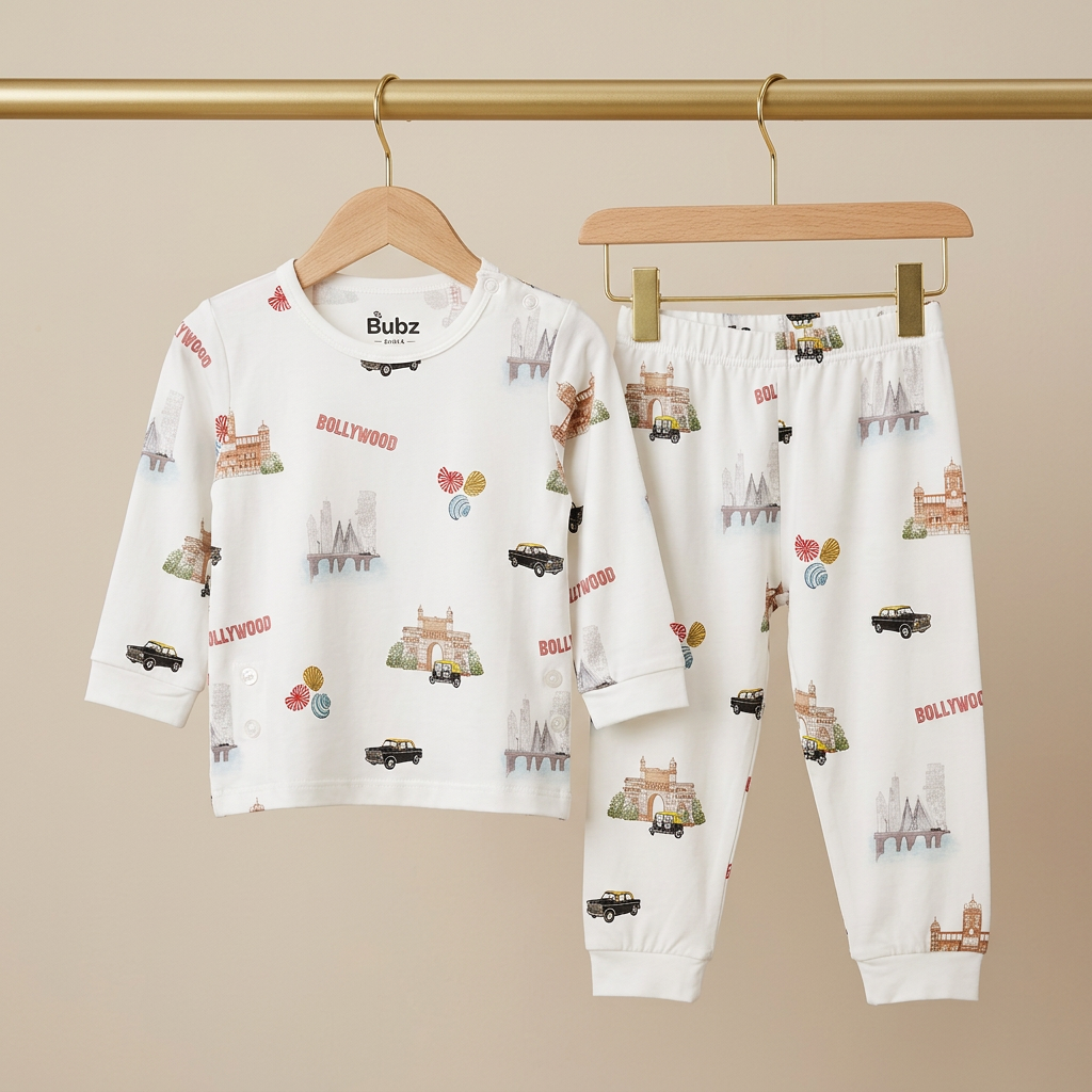 Children's bamboo pajama set with Hollywood-themed design on a beige background