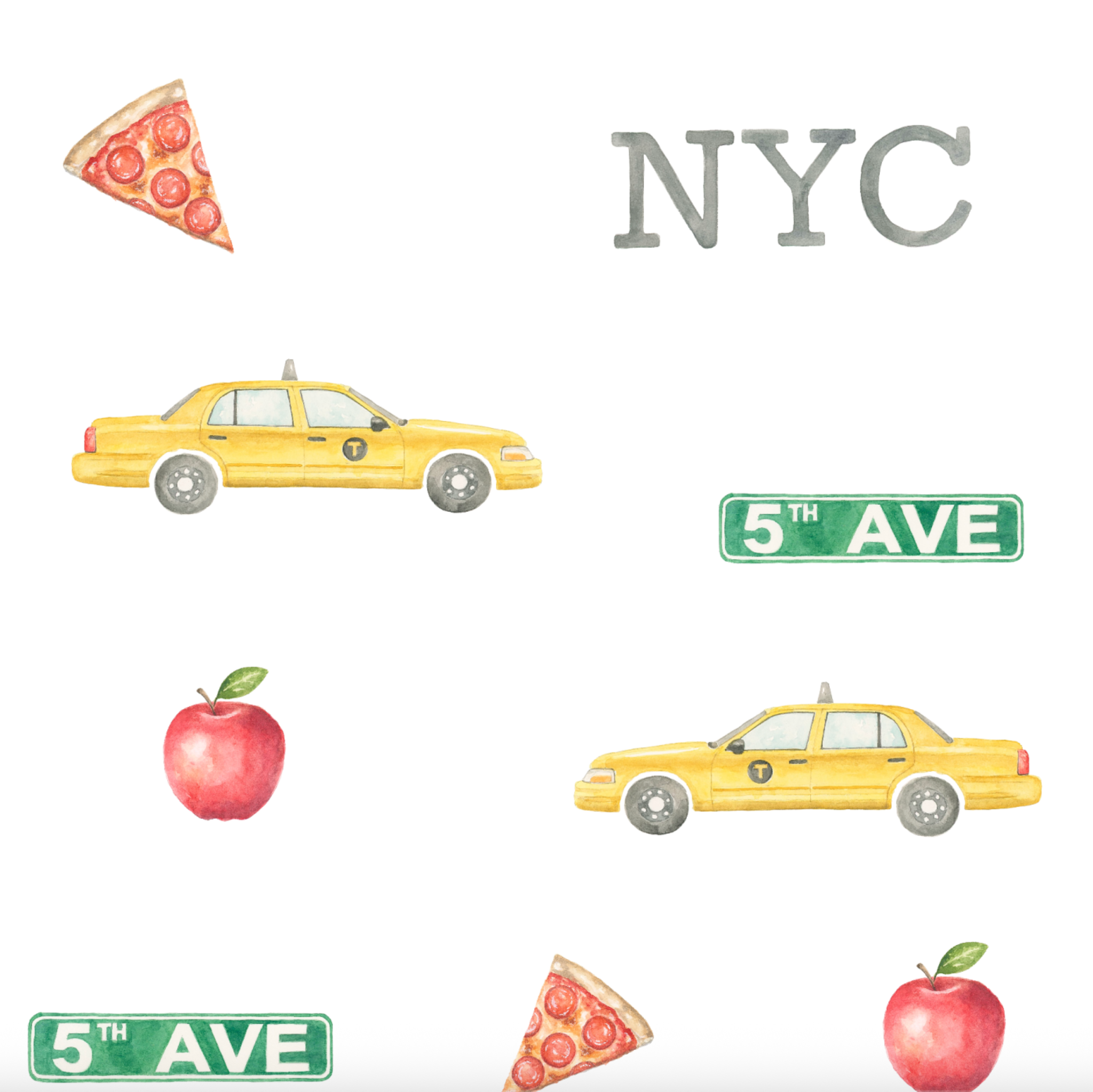Illustrations of a pizza slice, yellow taxi, and red apple on a white background with 'NYC' and '5th Ave' text.