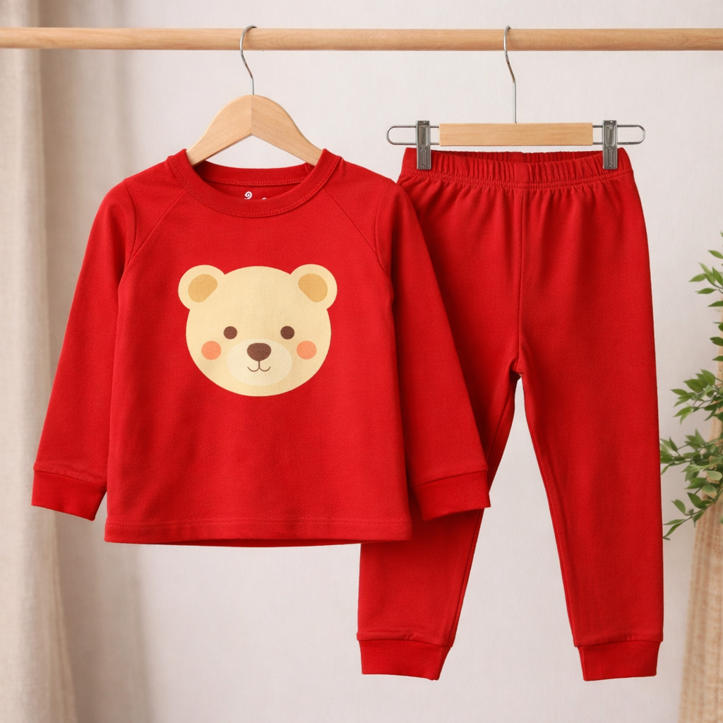 Red children's bamboo pajama set with bear face design on a wooden hanger against a beige curtain.