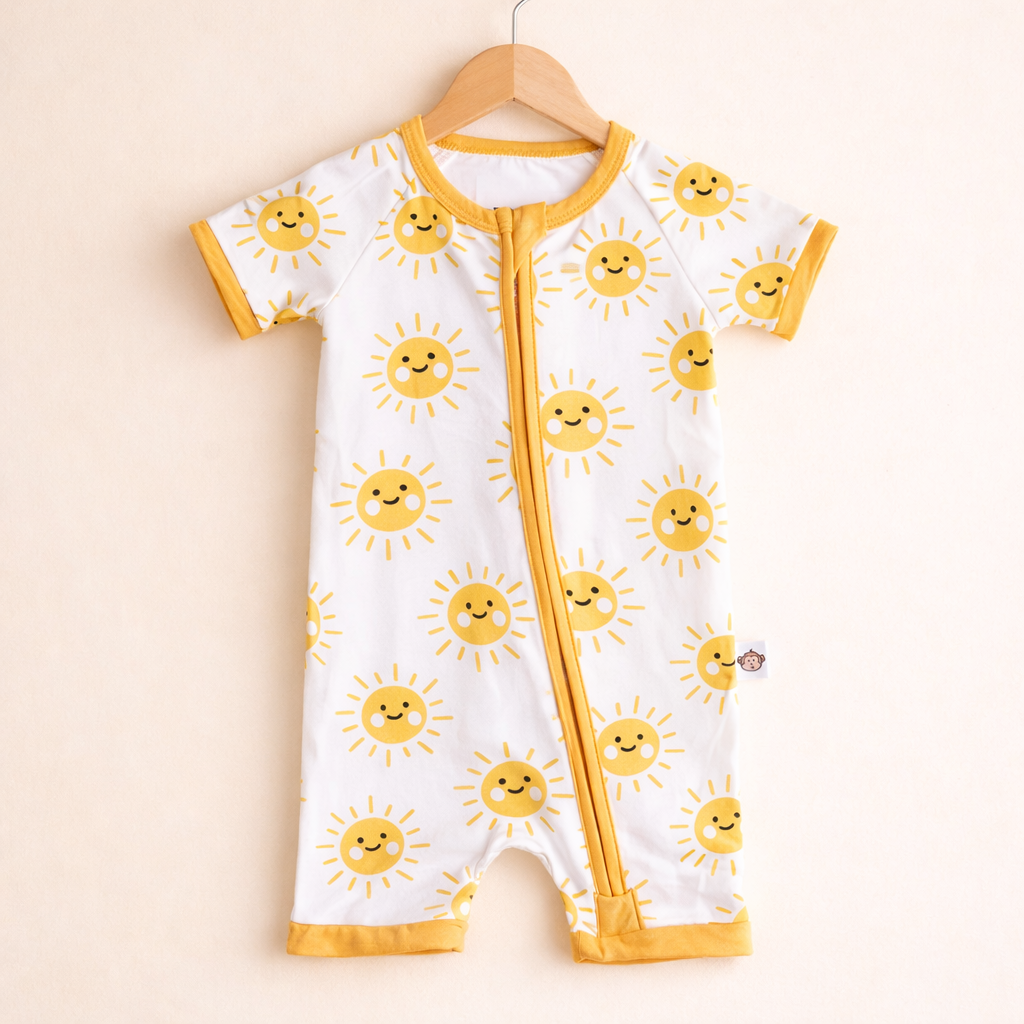 Baby romper with sun patterns on a hanger against a beige background
