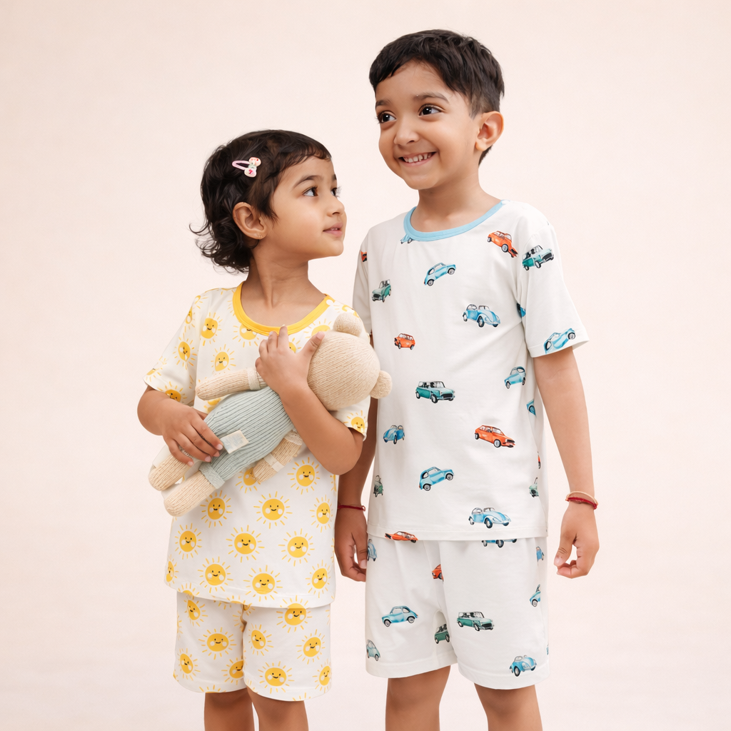 Two children wearing bamboo pajamas with car and flower patterns on a beige background