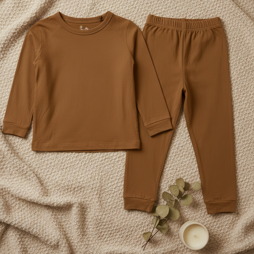 Brown children's pajama set on a textured beige surface with eucalyptus leaves and a small bowl.