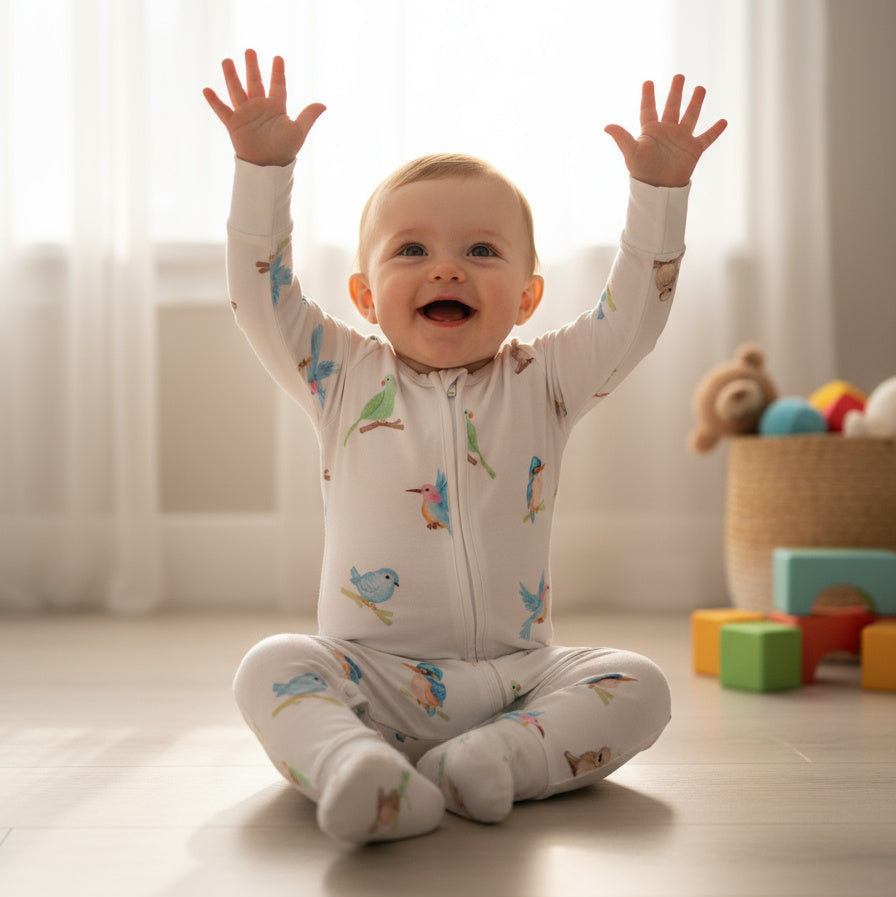 Baby in a onesie with animal prints sitting on the floor with arms raised, smiling.