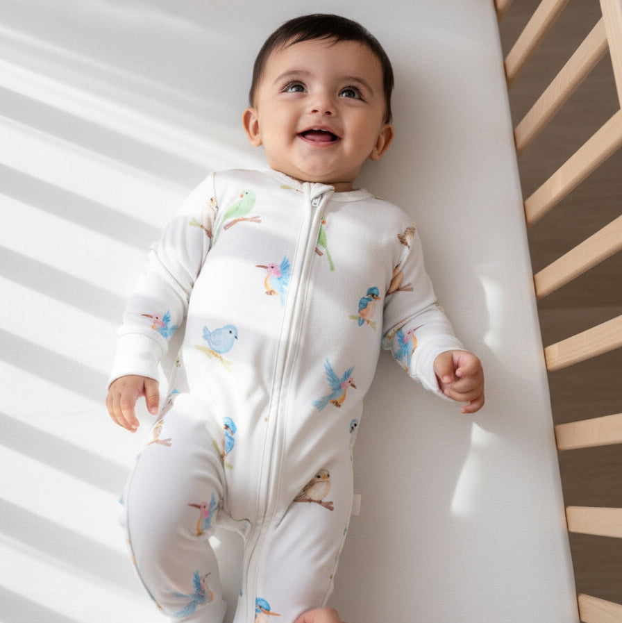 Baby lying on a white mattress in a crib, wearing a patterned onesie.