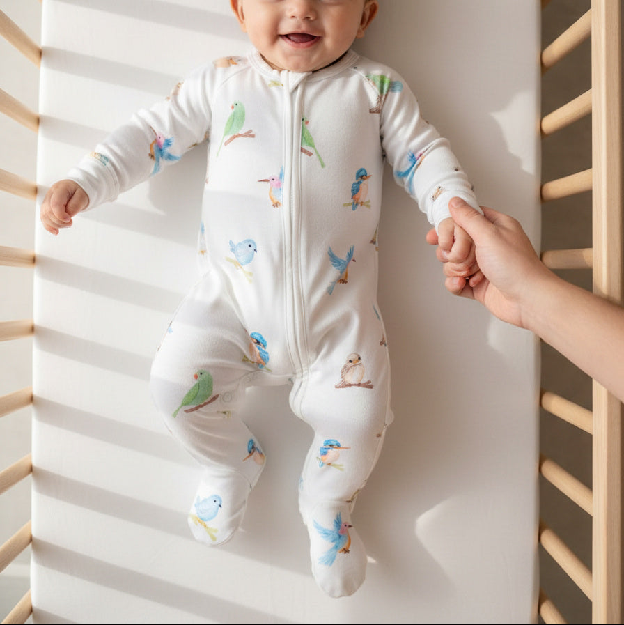 Baby in a white onesie with colorful bird patterns lying on a white mattress in a crib.
