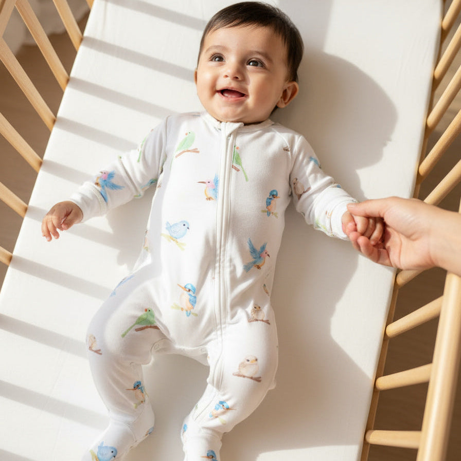 Baby in a white onesie with colorful prints lying on a white mattress in a wooden crib.