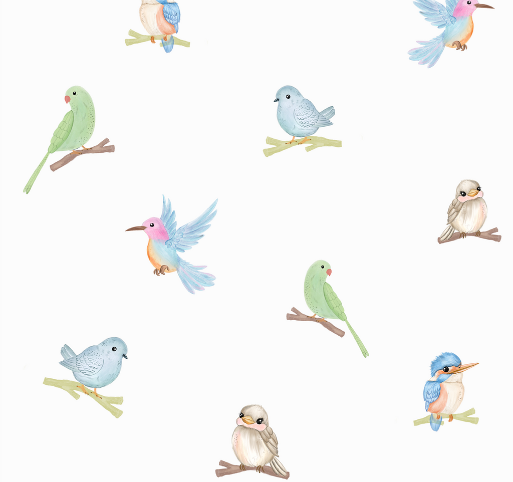 Pattern of colorful birds on a white background
