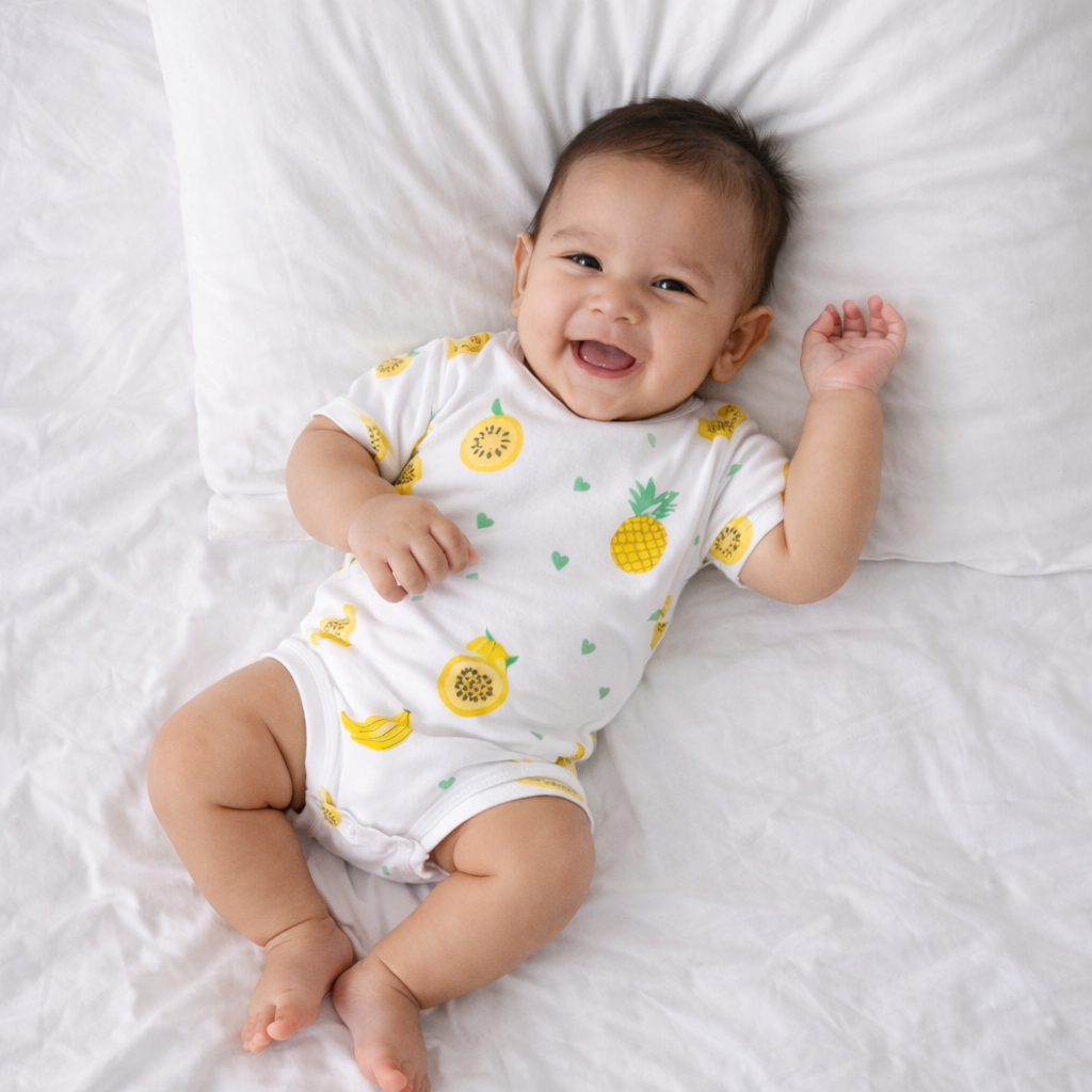 Baby wearing a white onesie with yellow fruit patterns on a white blanket