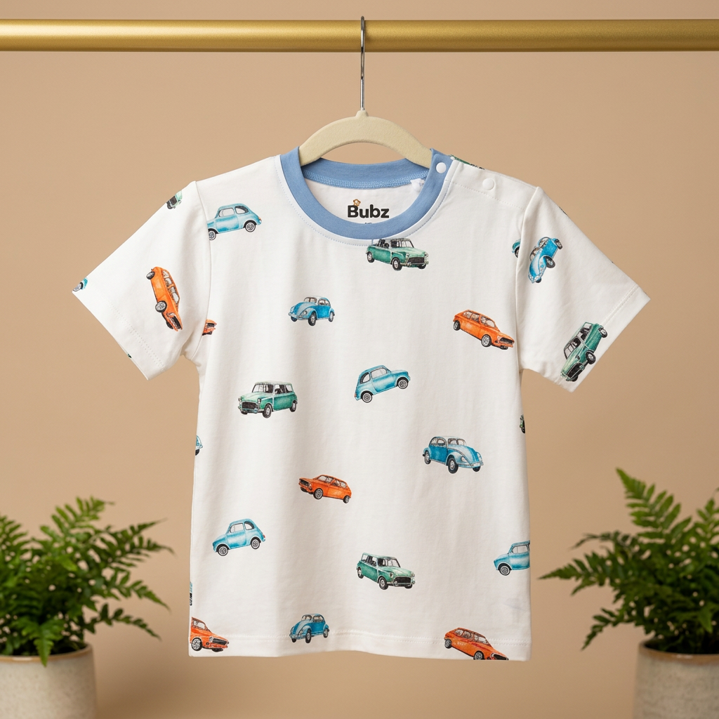 Children's bamboo t-shirt with car pattern on a hanger against a beige background
