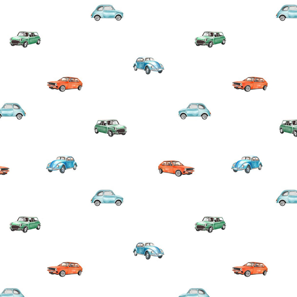 Pattern of small cars in various colors on a white background