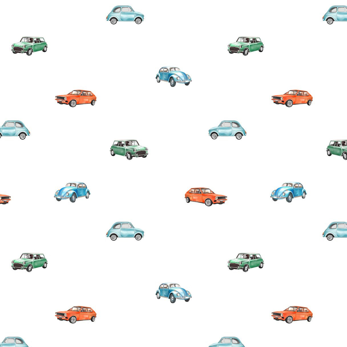 Pattern of small cars in various colors on a white background