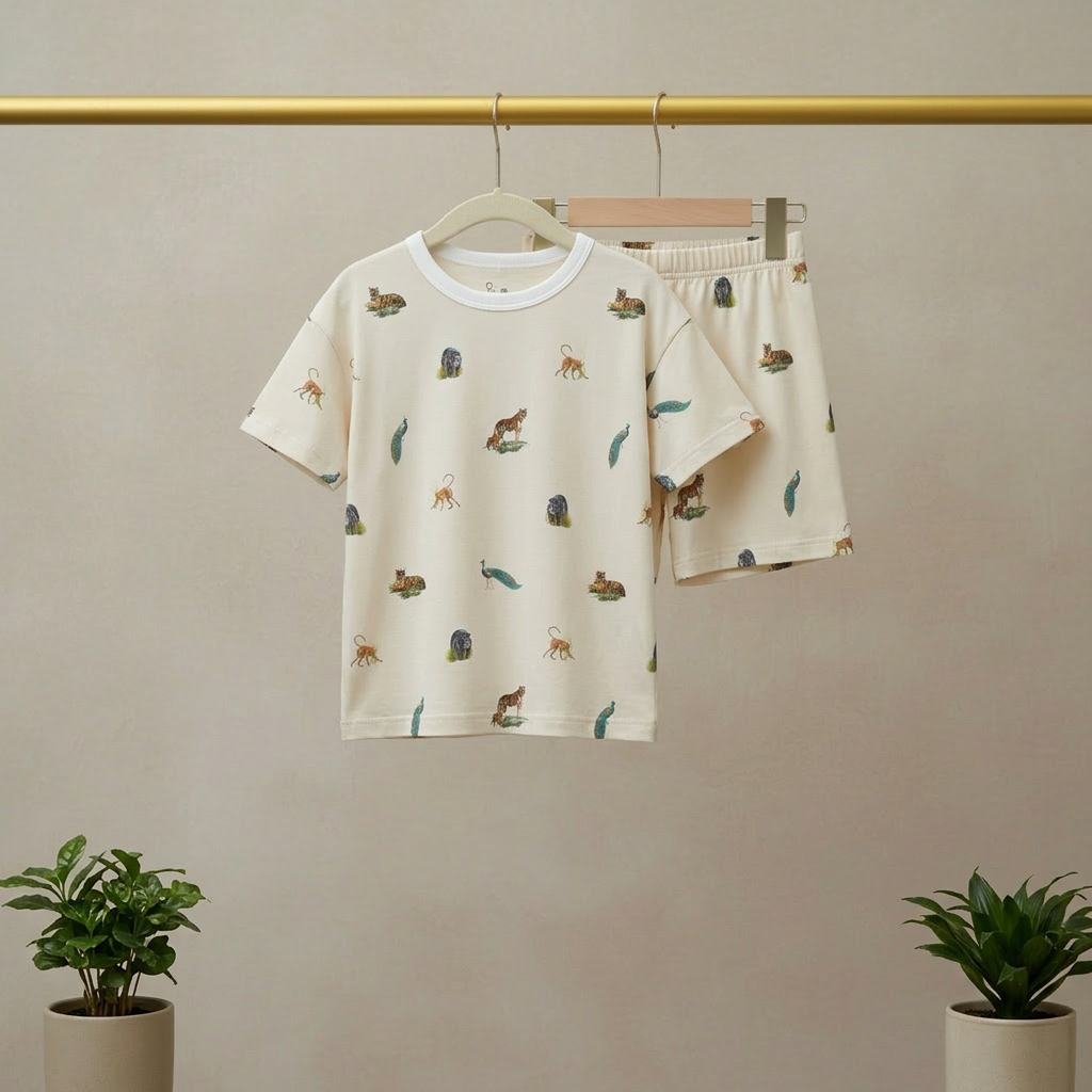 Children's pajama set with animal pattern hanging on a rack against a beige wall.