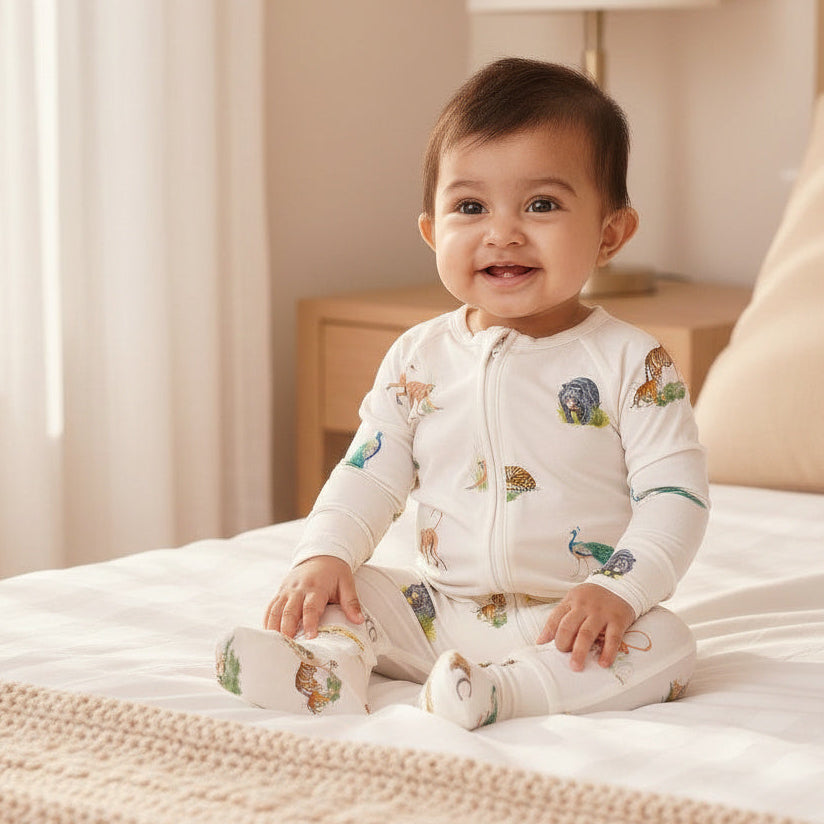 Baby sitting on a bed wearing a white onesie with colorful animal prints.