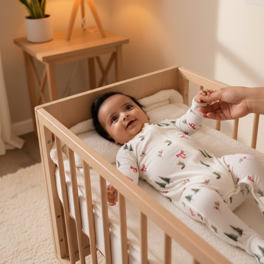 Baby in a crib with a person's hand holding their foot, in a warm and cozy room.