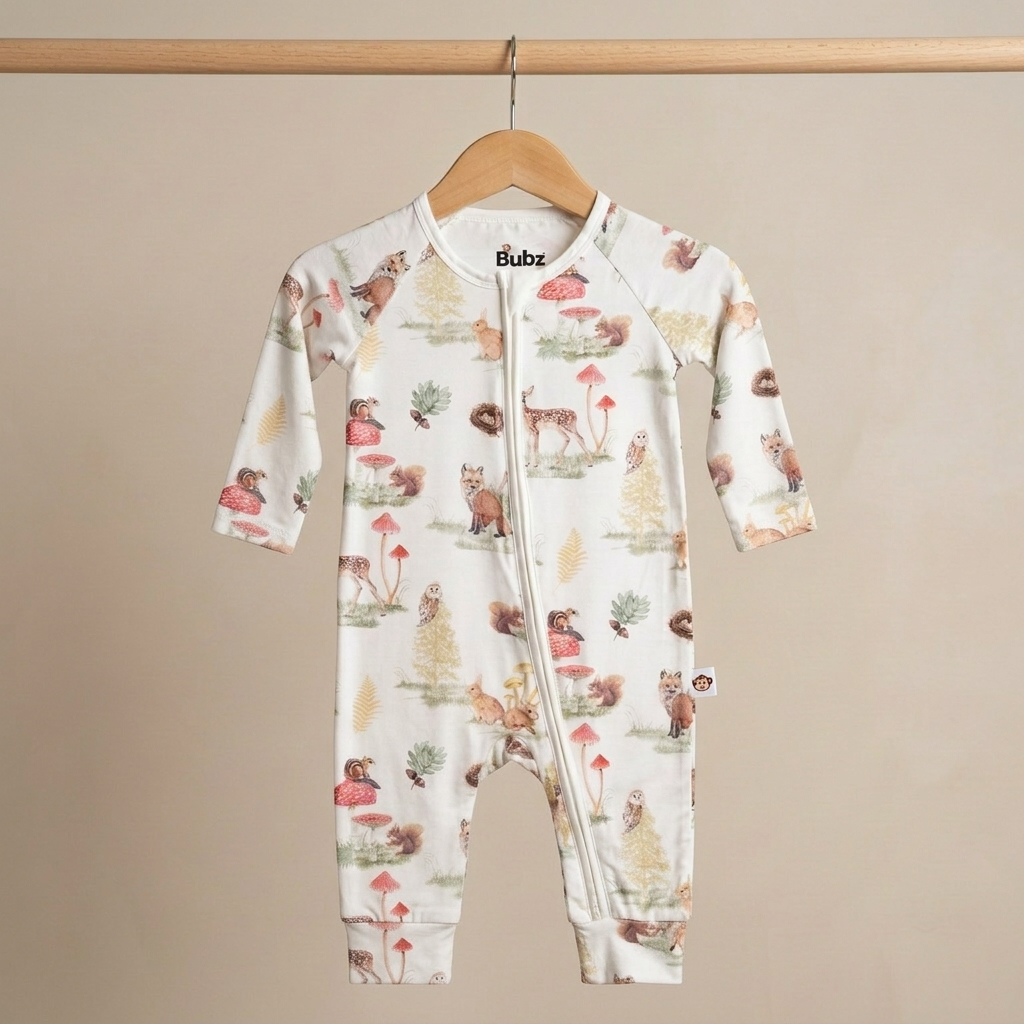 Baby onesie with animal pattern on a hanger against a beige background