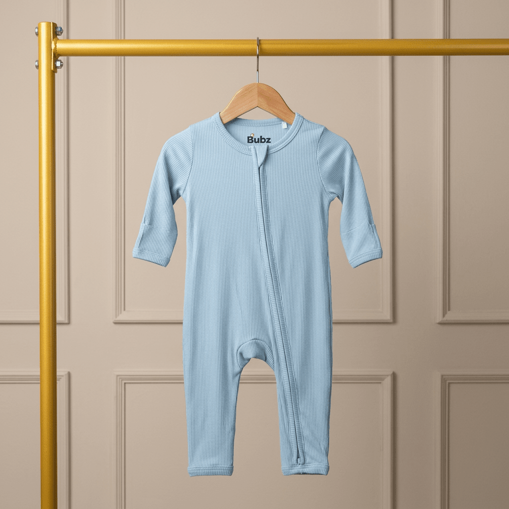 Bamboo Ribbed Zipsuit in Powder Blue - Bubz