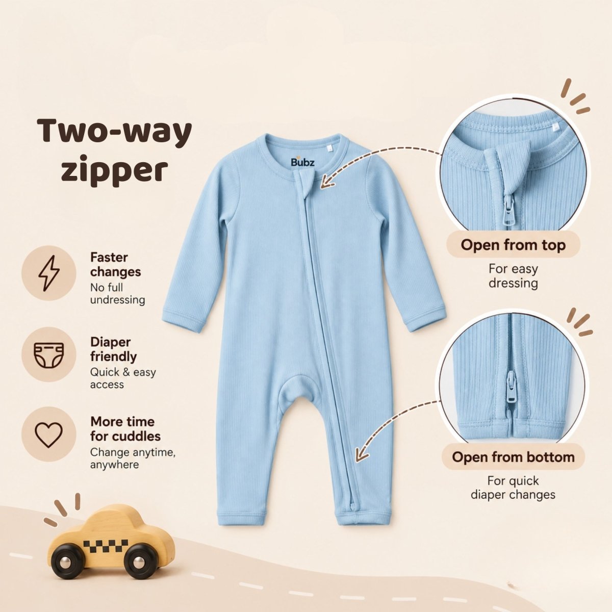 Bamboo Ribbed Zipsuit in Powder Blue - Bubz