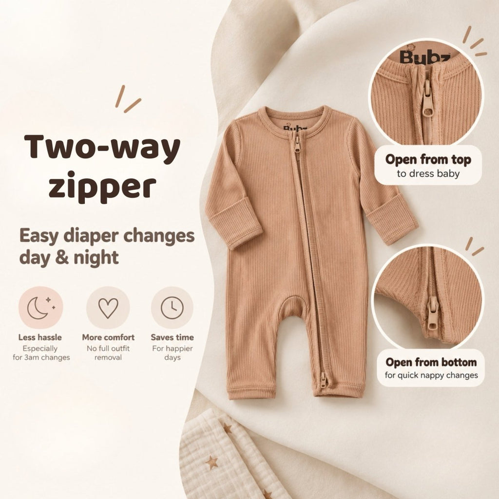 Bamboo Ribbed Zipsuit in Warm Toffee - Bubz