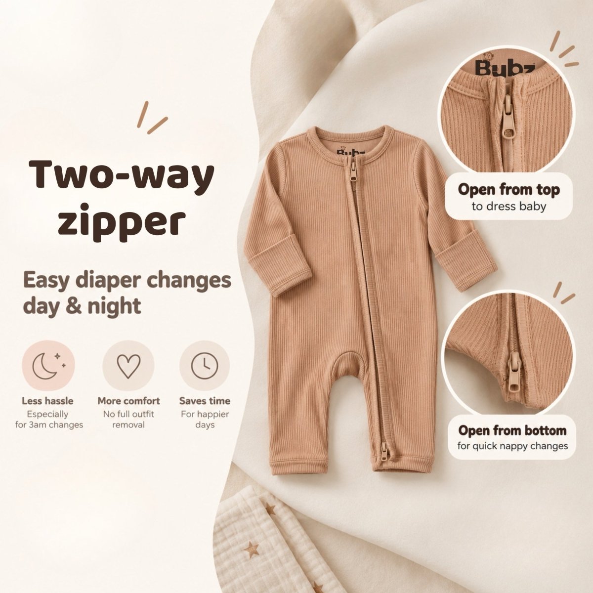 Bamboo Ribbed Zipsuit in Warm Toffee - Bubz
