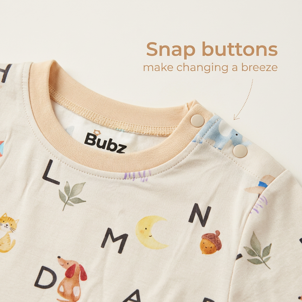 Baby bamboo top with alphabets and letters, featuring Bubz brand on a light background.