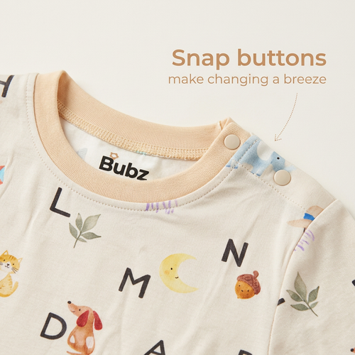 Baby bamboo top with alphabets and letters, featuring Bubz brand on a light background.