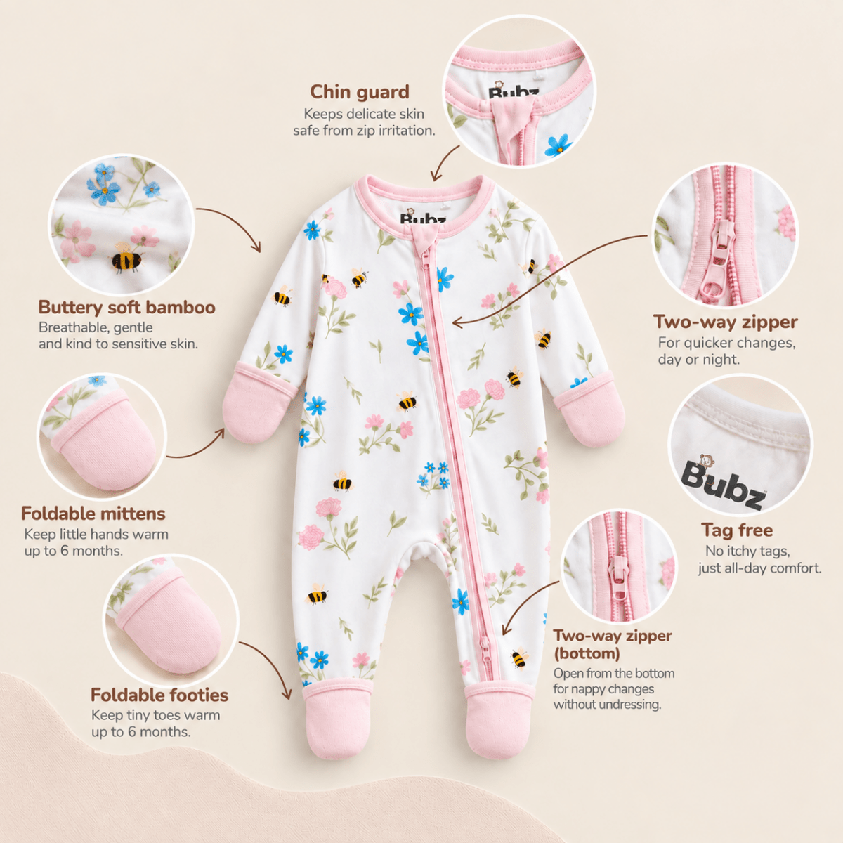 Blossoms Bamboo Zipsuit - Bubz