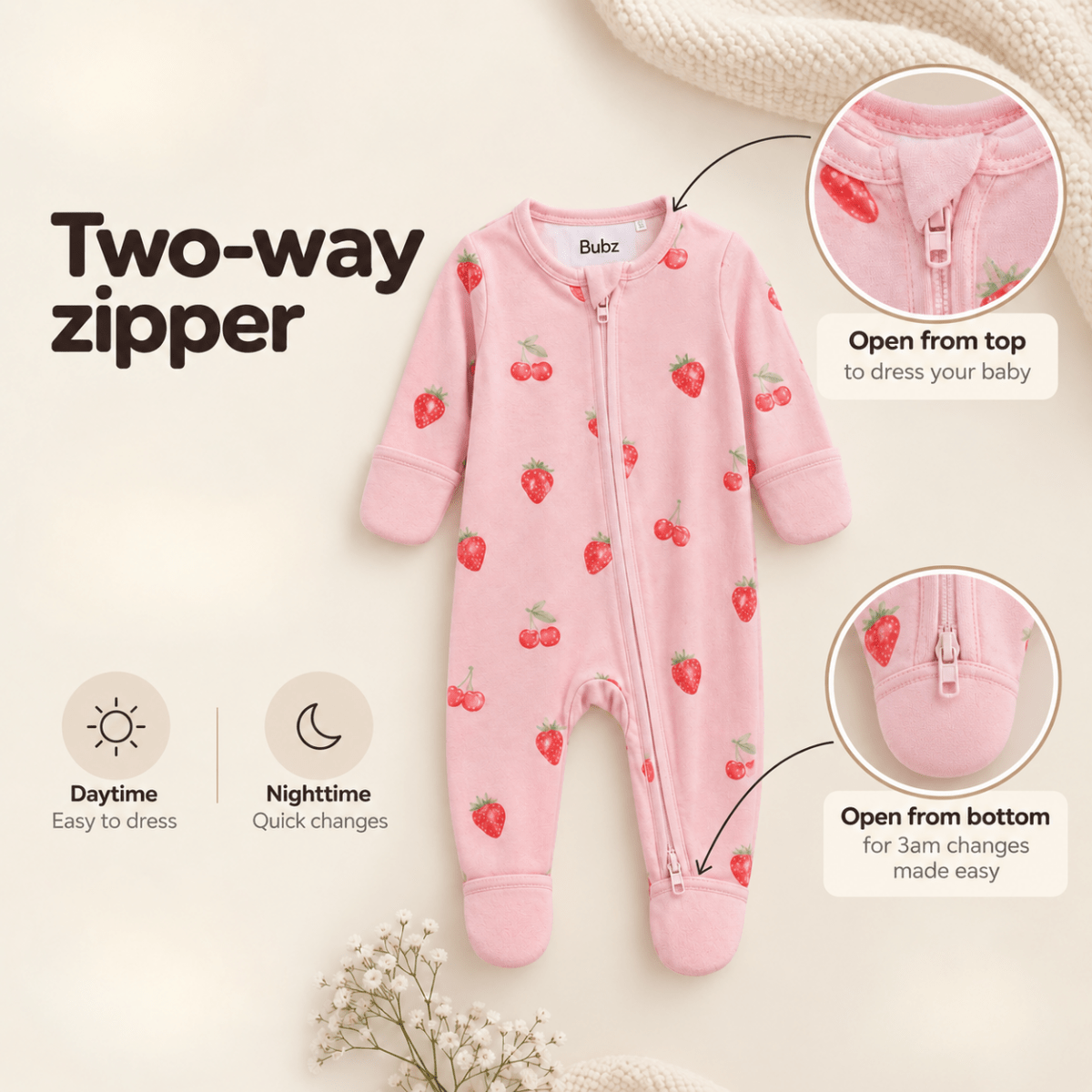 Cherry Charm Bamboo Zipsuit - Bubz