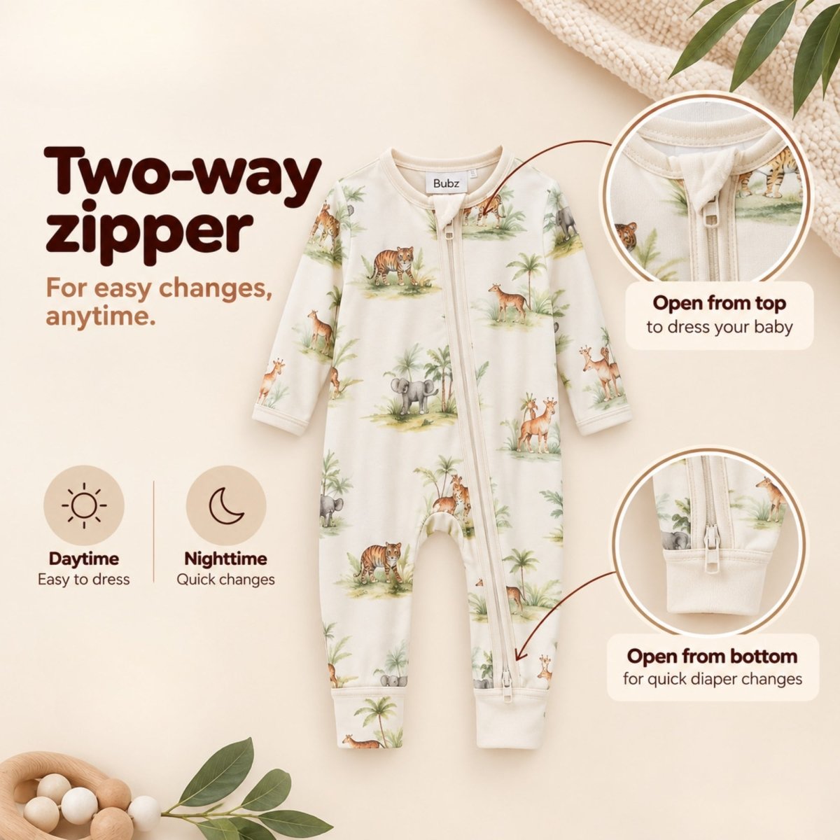 Indian Safari Bamboo Zipsuit - Bubz