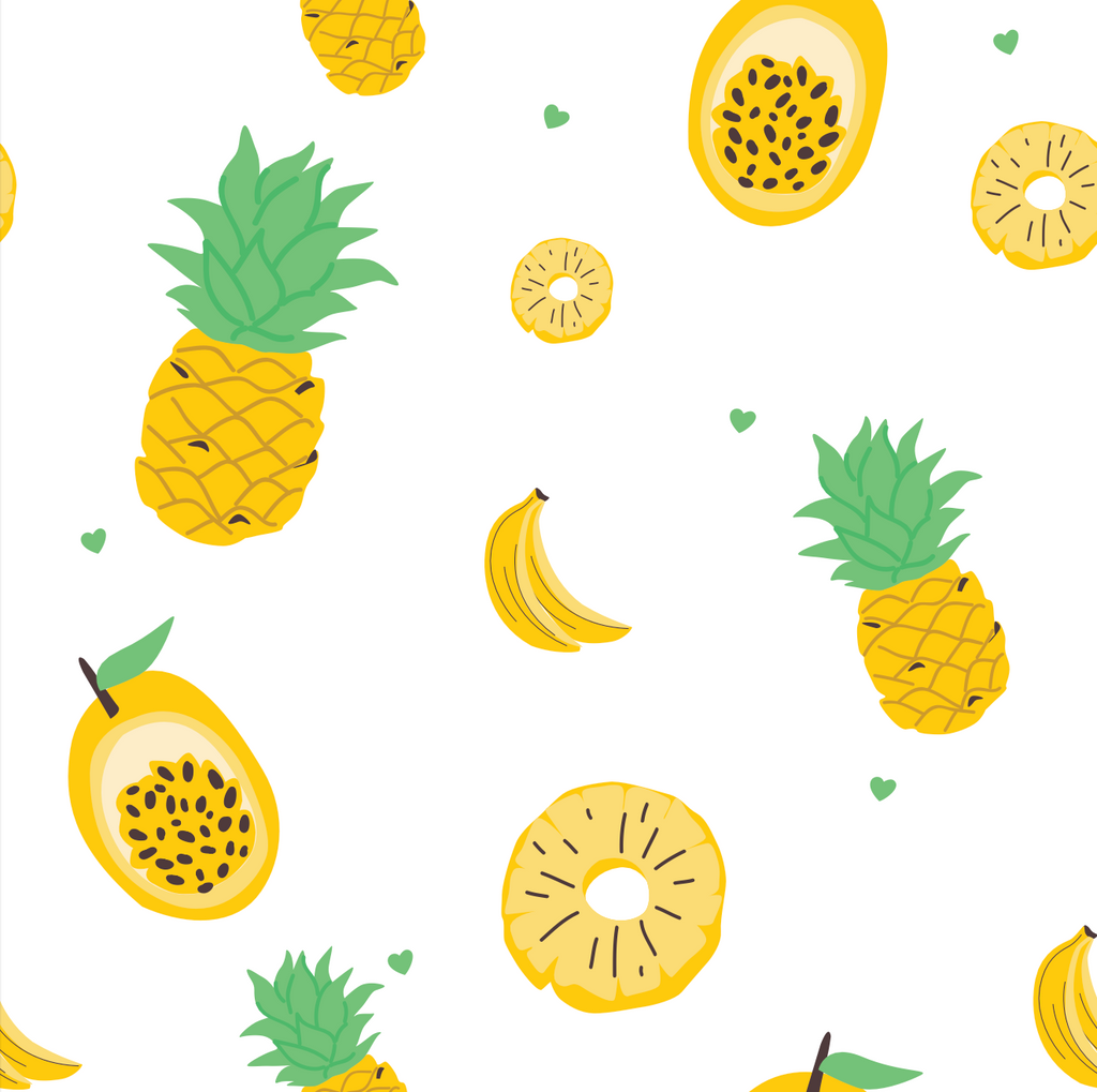 Pattern of pineapples, bananas, and mangoes on a white background